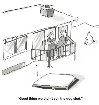 SW-Karikatur einer Heimat, die viele Füße Schnee bekommen hat. Ehemann freut sich auf Hundeschlitten.