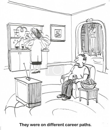 BW caricatura de una pareja - la esposa le encanta trabajar, el marido le encanta sentarse - en trayectorias de carrera muy diferentes.