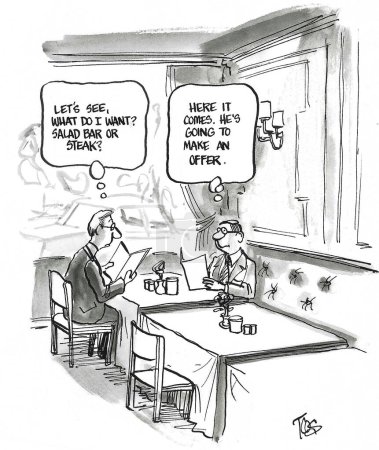 BW cartoon of a job candidate thinking very different thoughts than his prospective employer