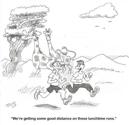 Foto de BW caricatura de dos hombres que corren muy lejos, todo el camino a África, en sus almuerzos. - Imagen libre de derechos