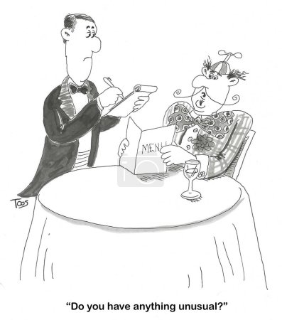Téléchargez les photos : BW dessin animé d'un homme excentrique demandant au serveur du restaurant s'ils servent quelque chose d'inhabituel. - en image libre de droit