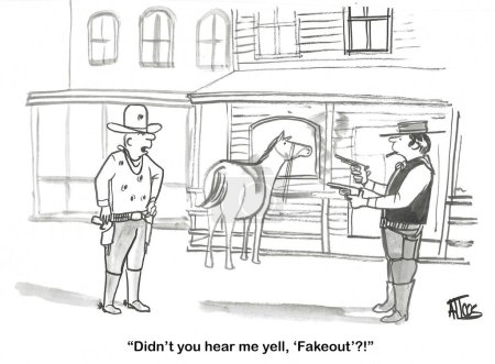Photo for BW cartoon of a gunfight.  One participant is very serious and the other is 'fakeout'. - Royalty Free Image