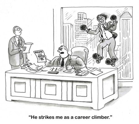 Téléchargez les photos : BW dessin animé d'un recruteur regardant un CV, le "grimpeur de carrière" est juste devant sa fenêtre. - en image libre de droit
