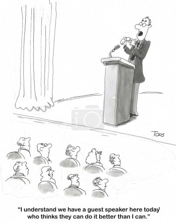 Foto de BW dibujos animados de un maestro de ceremonias diciendo que el orador invitado será mejor de lo que es. - Imagen libre de derechos