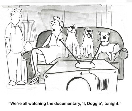Téléchargez les photos : BW dessin animé d'une femme assise avec ses chiens regardant un documentaire sur les chiens. - en image libre de droit