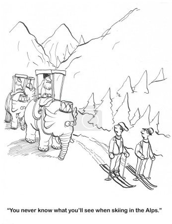 BW cartoon of men skiing in the Alps as Hannibal's elephants are crossing through.