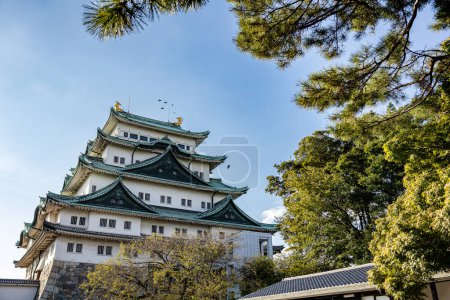 Téléchargez les photos : Film grain Nagoya, Japon Octobre 2022 Château de Nagoya avec un ciel clair pendant l'assaisonnement des feuilles d'automne. Château de Nagoya est un point de repère dans le centre de Chubu du Japon et a samouraï comme symbole du château. - en image libre de droit