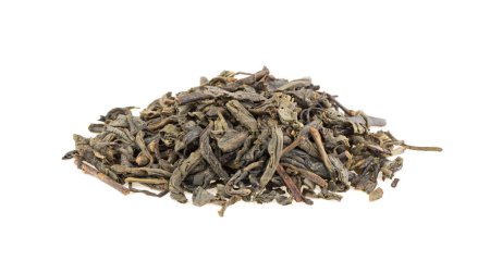 Pile of green tea. Large dried leaf. Isolated on white background.