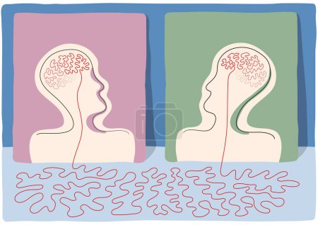 Illustration for Surreal drawing of profile heads with wire in shape of brain, tied with thread, vector illustration - Royalty Free Image