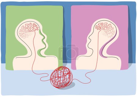 Surreal drawing of profile heads with wire in shape of brain, tied with thread, vector illustration