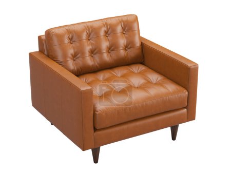 Chaise scandinave en cuir. Fauteuil rembourré en cuir marron sur fond blanc. Mi-siècle, Loft, Chalet, intérieur scandinave. 3d rendu