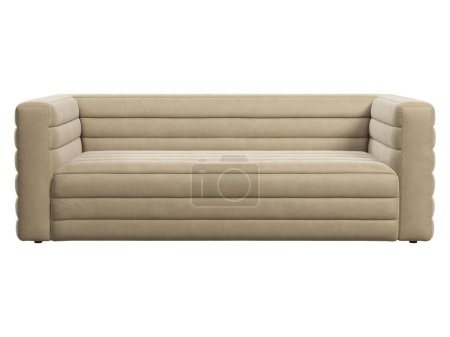 Modern two-seat textile sofa. Beige velvet upholstery tufted sofa on white background. Mid-century, Chalet, Scandinavian interior. 3d render