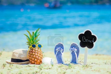 Photo for Pineapple in nature by the sea with sneakers on the shore nature background - Royalty Free Image