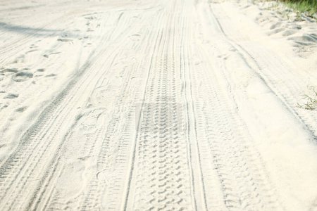 Téléchargez les photos : Traces d'une voiture dans le sable près de la mer en arrière-plan nature - en image libre de droit
