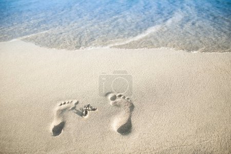 Téléchargez les photos : Belles empreintes dans le sable près de la mer sur fond de nature - en image libre de droit