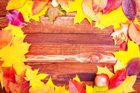 Foto de Hojas de otoño sobre fondo de madera con espacio para copiar - Imagen libre de derechos