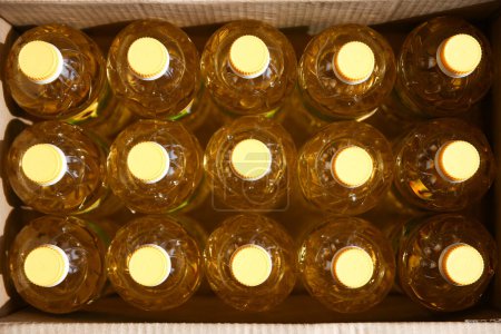 Foto de Muchas botellas de aceite de girasol en fondo de caja - Imagen libre de derechos