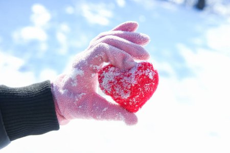 Photo for Heart in the hands of a girl against the sky Valentine's day in a park in nature - Royalty Free Image