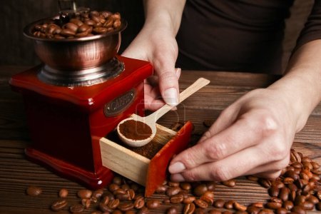 Téléchargez les photos : Un moulin à café et des mains féminines - en image libre de droit