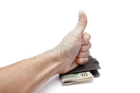 Téléchargez les photos : Dollars argent dans votre portefeuille et les mains sur un fond blanc - en image libre de droit