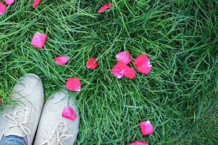Téléchargez les photos : Belles jambes sur l'herbe dans un parc sur la nature - en image libre de droit