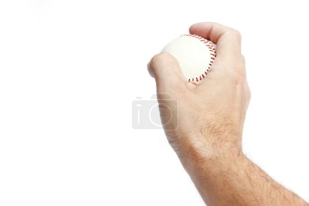 Foto de Hermosa en las manos de una pelota de béisbol sobre un fondo blanco myach - Imagen libre de derechos