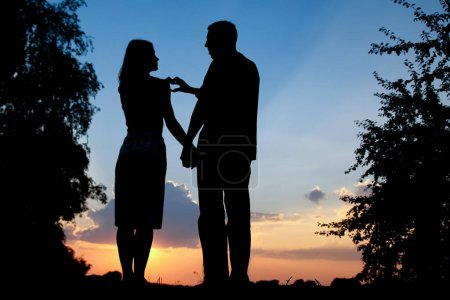 Téléchargez les photos : Couple heureux ensemble au coucher du soleil silhouette de la nature - en image libre de droit
