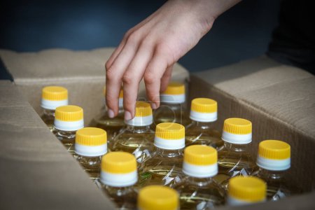 Foto de Muchas botellas de aceite de girasol en caja con fondo de mano de la gente - Imagen libre de derechos
