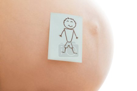 Téléchargez les photos : Fille enceinte sur fond blanc avec des autocollants - en image libre de droit