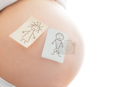 Foto de Chica embarazada sobre fondo blanco con pegatinas - Imagen libre de derechos
