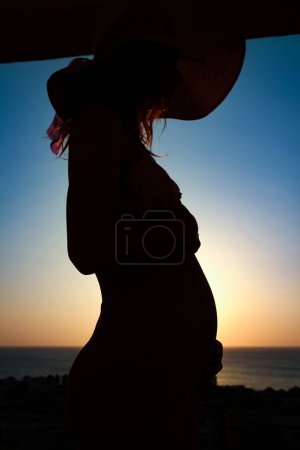 Foto de Hermosa silueta de una chica embarazada en el fondo de la naturaleza de fondo - Imagen libre de derechos