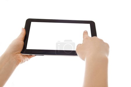 Téléchargez les photos : Dans les mains humaines tablette ordinateur gadget à écran tactile avec isolé - en image libre de droit