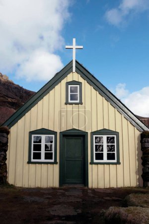 exterior facade of Hofskirkja Church in Iceland 