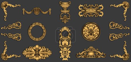 Segunda representación 3D con decorativo noble estilo vintage dorado ornamental de estuco y elementos de adorno de yeso para el aniversario, jubileo y diseños festivos con canal alfa