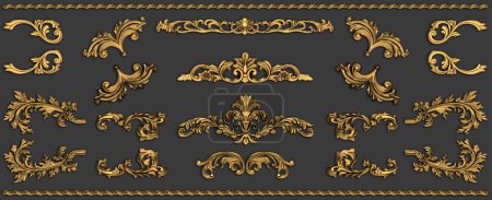 Primer renderizado 3D con decorativo noble estilo vintage dorado estuco ornamental y elementos de adorno de yeso para el aniversario, jubileo y diseños festivos con canal alfa