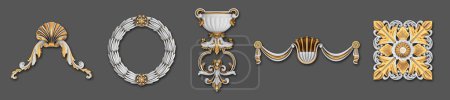 Photo for Retro style golden and white stucco ornamental decoration elements isolated on grey background - Royalty Free Image