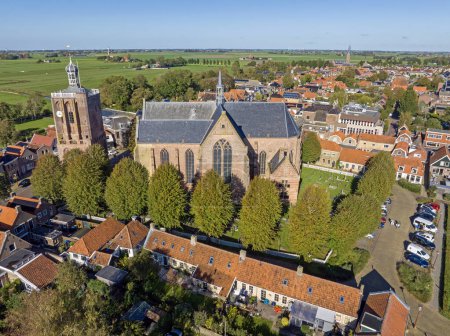 Photo for Aerial from the historical city Workum with the St Gertrudis church in Friesland the Netherlands - Royalty Free Image