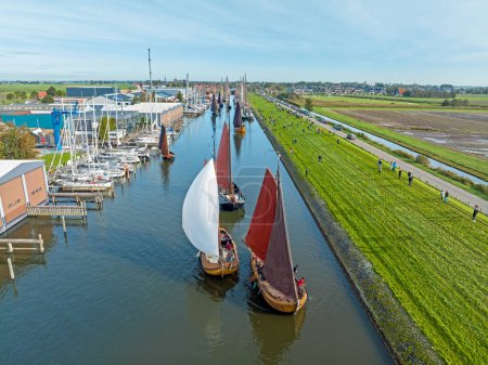 Photo for Aerial from traditional fishing boats at the Workumer Strontrace in Workum in the Netherlands - Royalty Free Image