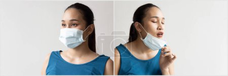 Photo for Woman taking a breath out of face mask and still wearing face mask in before and after style, concept image of long covid and post pandemic world, with or without mask - Royalty Free Image