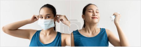 Photo for Woman finally removing face mask and still wearing face mask in before and after style, concept image of long covid and post pandemic world, taking off or still wearing a mask - Royalty Free Image