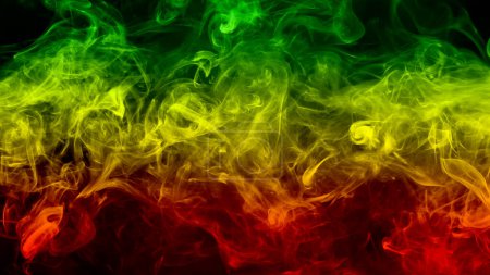Foto de Fondo abstracto humo curvas y colores onda reggae verde, amarillo, rojo de color en la bandera de la música reggae - Imagen libre de derechos