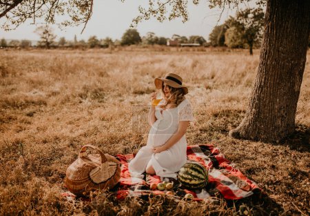 Photo for Happy European caucasian pregnant woman relaxing in nature picnic looking at camera. expectant mother in hat and dress hold hand on belly. face with moles - Royalty Free Image