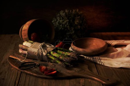Photo for Rustic, vegetables, ingredients, food, fresh, wooden spoon, chopping board, table, kitchen, cook, chef, herbs, chilli - Royalty Free Image