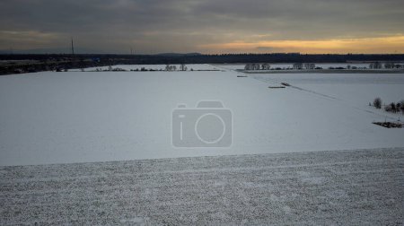 Téléchargez les photos : Paysage hivernal enneigé avec champs et arbres autour de Weiterstadt capturés avec un drone lors d'une soirée d'hiver - en image libre de droit