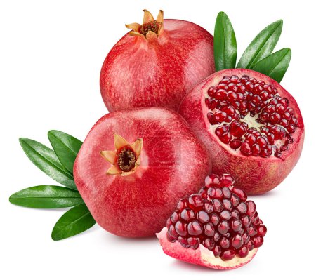 Photo for Pomegranate fruit with leaf isolate. Pomegranate whole, half, slice, leaves on white. Pomegranate clipping path. - Royalty Free Image