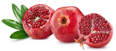 Photo for Pomegranate Clipping Path. Ripe whole pomegranate with green leaf and half isolated on white background. Pomegranate macro studio photo - Royalty Free Image