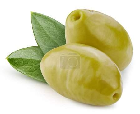 Foto de Isolated Olive. Fresh organic olive with leaves isolated clipping path. Olive macro studio photo. - Imagen libre de derechos