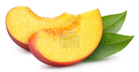 Foto de Peach isolated with leaves. Peach on white. Full depth of field. With clipping path - Imagen libre de derechos