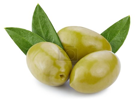 Foto de Isolated Olive. Fresh organic olive with leaves isolated clipping path. Olive macro studio photo. - Imagen libre de derechos