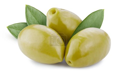 Foto de Olive vegetable with leaves. Olive isolated on white background. Olive clipping path. - Imagen libre de derechos